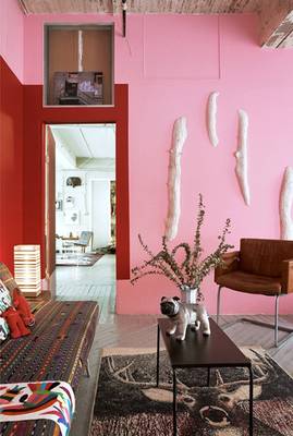 Photo of rose color interior in country house.