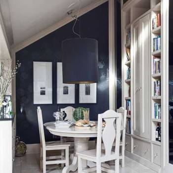 Beautiful example of library in cottage in scandinavian style.