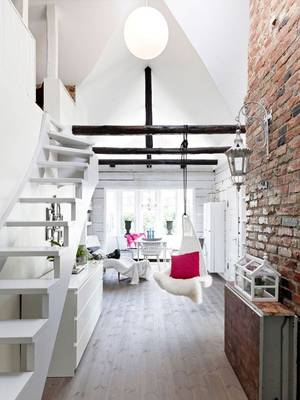 Photo of stairs in cottage in loft style.