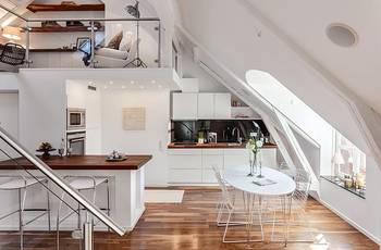 Design of attic in country house in contemporary style.