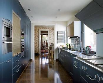 Elegant Galley Kitchen in Blue-Gray Tones with Glossy Facades