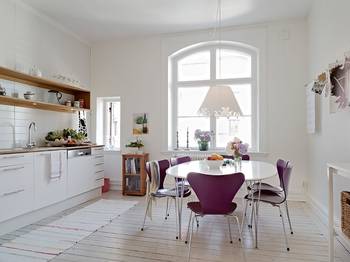 Design of dining room in cottage in scandinavian style.