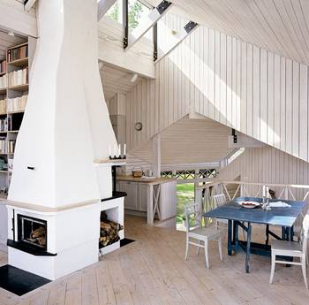Attic interior in cottage in scandinavian style.
