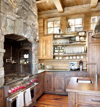 Interior of kitchen in Chalet style.