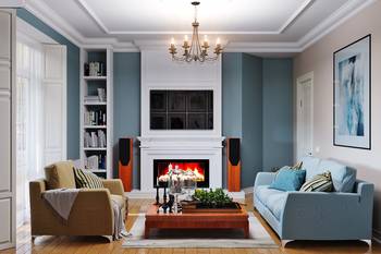 Photo of dark blue color interior in country house.