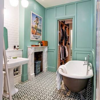 Turquoise color interior in country house.