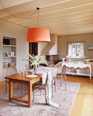 Design of dining room in cottage in scandinavian style.