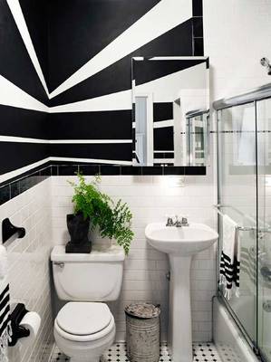 Dynamic Monochrome Bathroom with Graphic Accents