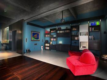 Dark blue color interior in country house.