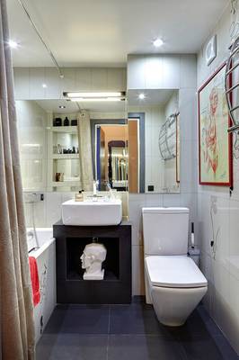 Interior design of bathroom in private house in artistic style.