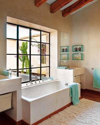 Meditative bathroom with panoramic window: a synthesis of modernity and tradition