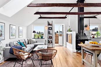 Interior design of studio in house in scandinavian style.