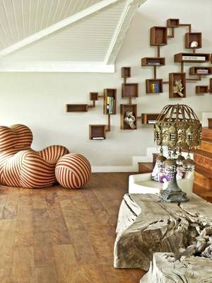 Design of attic in country house in ethnic style.