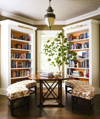 Interior design of library in country house.
