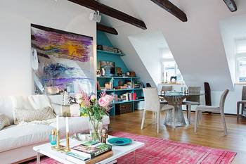 Attic interior in private house in scandinavian style.