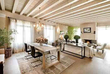 Design of dining room in private house in scandinavian style.