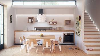Dining room design in private house in scandinavian style.