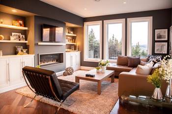 Modern Country Living Room with Panoramic Windows and Contrasting Interior