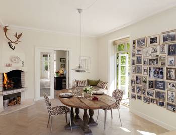 Interior design of dining room in private house in scandinavian style.