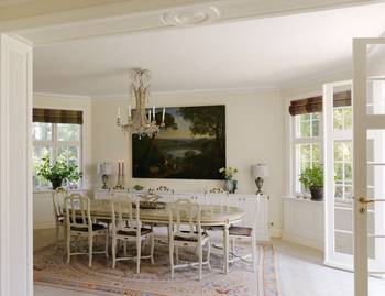 Interior design of dining room in cottage in colonial style.