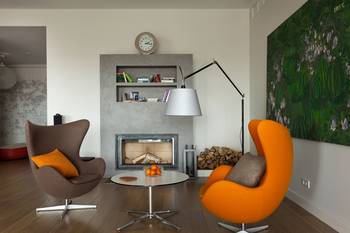 Modern Minimalism with Vibrant Accents: Cozy Living Room with Fireplace Area