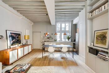 Interior design of dining room in private house in scandinavian style.