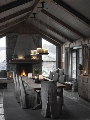 Interior of attic in cottage in Chalet style.