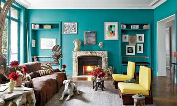 Turquoise color interior in country house.