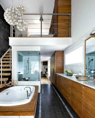 Double-height bathroom with wooden accents and mezzanine