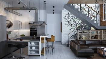 Design of studio in private house in loft style.