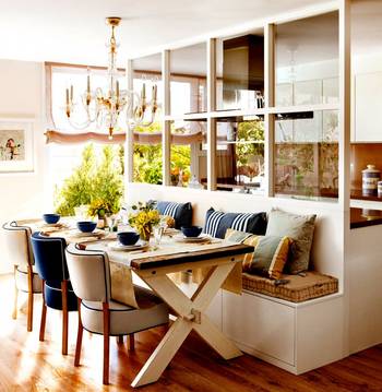 Interior design of dining room in cottage in scandinavian style.