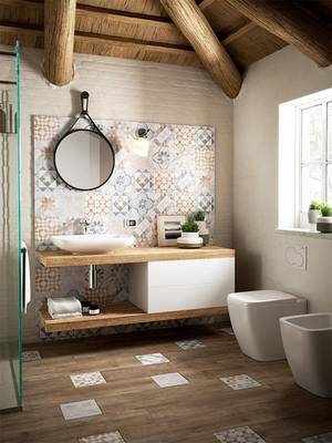 Beautiful design of bathroom in cottage in ethnic style.