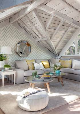 Attic design in house in Craftsman style.