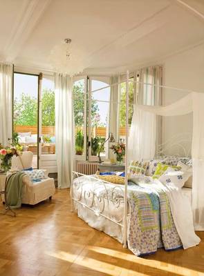 Interior design of bedroom in house in scandinavian style.