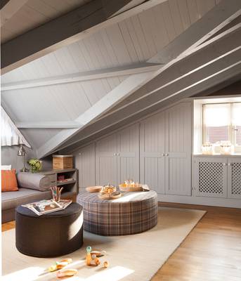 Attic in country house in Craftsman style.