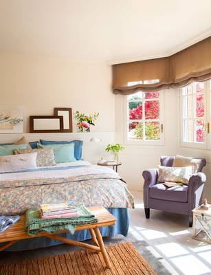 Beautiful design of bedroom in private house in Craftsman style.