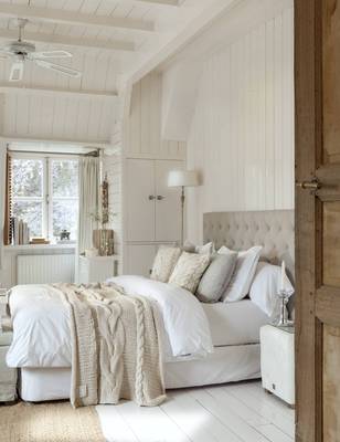 Beautiful design of bedroom in house in scandinavian style.