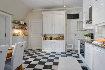 Scandinavian kitchen with checkered floor: elegant minimalism under a sloped roof