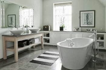 Interior design of bathroom in country house in scandinavian style.
