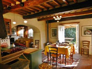 Dining room interior in cottage in Mediterranean style.