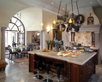 Interior design of kitchen in private house in colonial style.