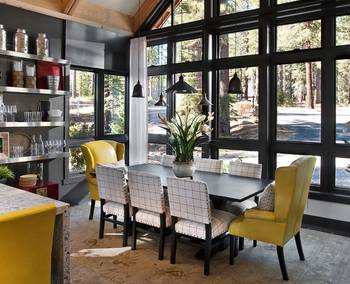 Interior design of dining room in cottage in contemporary style.