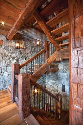 Stairs in country house in Chalet style.