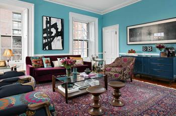 Photo of turquoise color interior in country house.