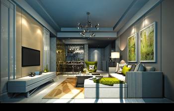 Photo of blue color interior in country house.