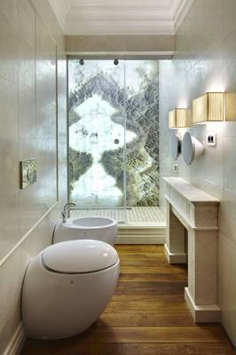 Interior design of bathroom in cottage in contemporary style.