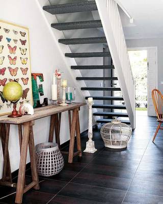 Beautiful design of stairs in country house in scandinavian style.