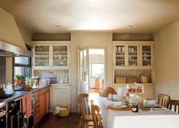 Interior design of kitchen in house in Mediterranean style.