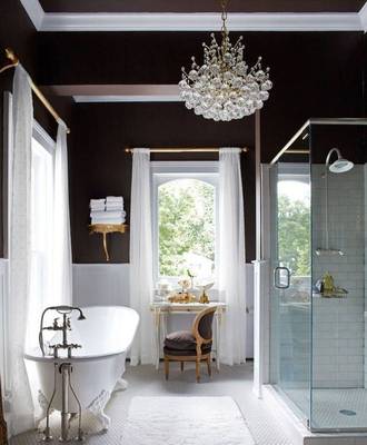 Bathroom design in private house in fusion style.