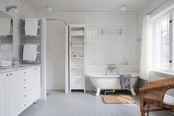 Interior design of bathroom in cottage in scandinavian style.